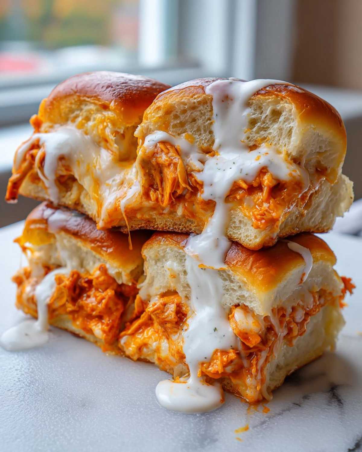 Close-up of stacked buffalo chicken sliders oozing with melted cheese and ranch dressing.