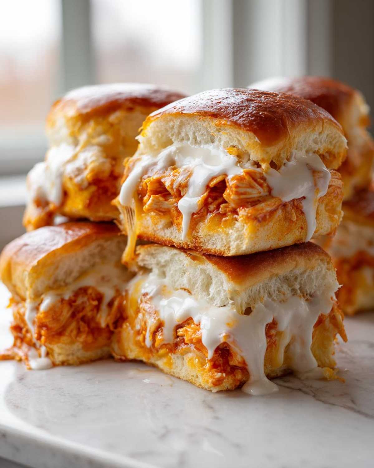 Close-up of stacked buffalo chicken sliders oozing with melted white cheese and orange sauce.