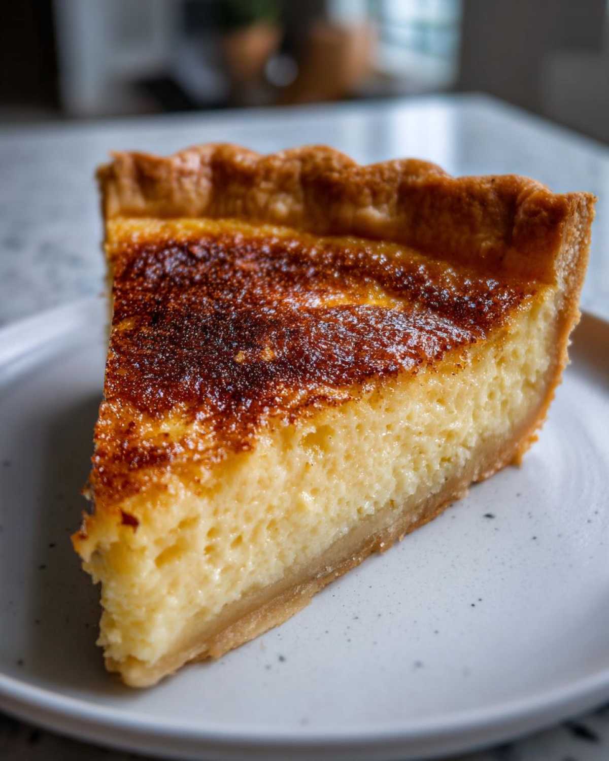 A close-up slice of creamy buttermilk pie showing a golden, caramelized top crust.