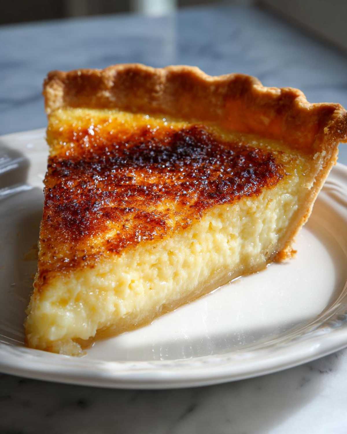 A close-up of a creamy slice of buttermilk pie showing the golden, slightly burnt sugar top and flaky crust.