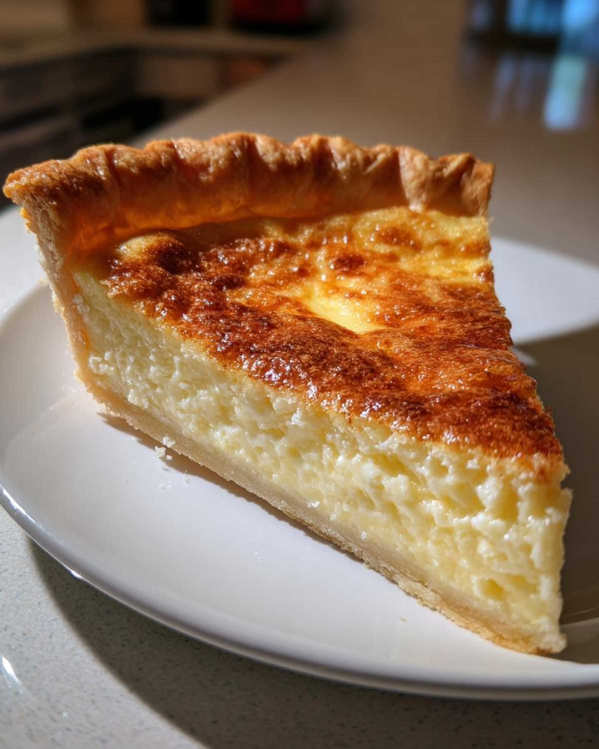 A close-up slice of creamy buttermilk pie showing a golden-brown, slightly cracked top and flaky crust.