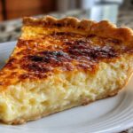 A close-up of a slice of buttermilk pie featuring a creamy yellow filling and a beautifully browned, caramelized top crust.