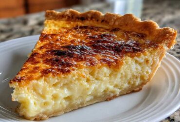 A close-up of a slice of buttermilk pie featuring a creamy yellow filling and a beautifully browned, caramelized top crust.