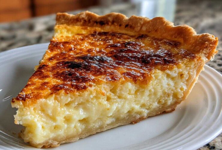 A close-up of a slice of buttermilk pie featuring a creamy yellow filling and a beautifully browned, caramelized top crust.