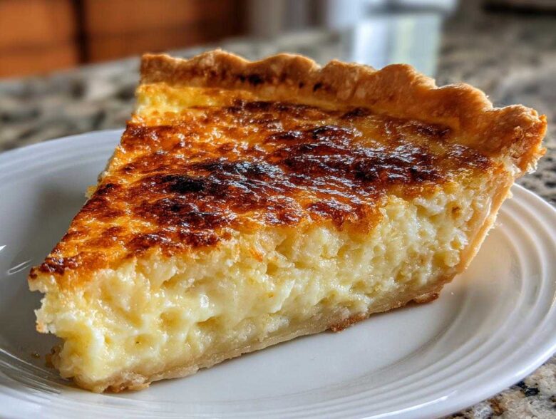 A close-up of a slice of buttermilk pie featuring a creamy yellow filling and a beautifully browned, caramelized top crust.