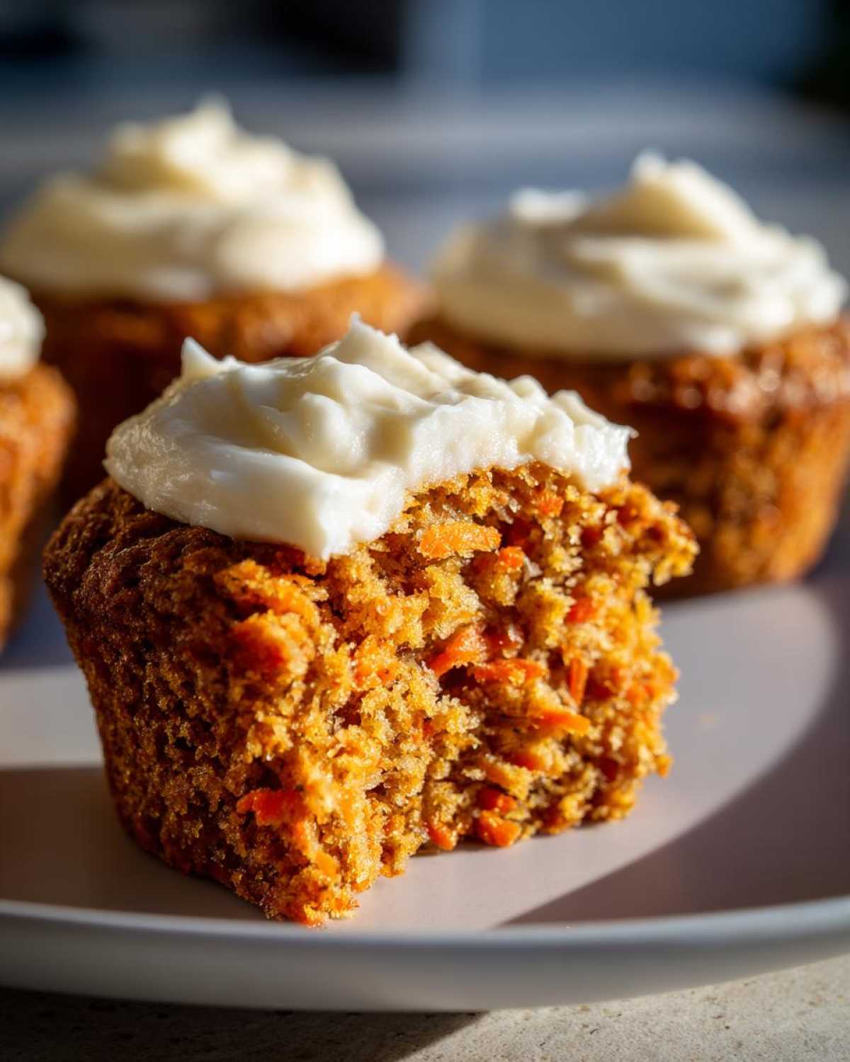 A close-up view of a carrot cake muffin with a bite taken out, showing shredded carrots inside, topped with cream cheese frosting.