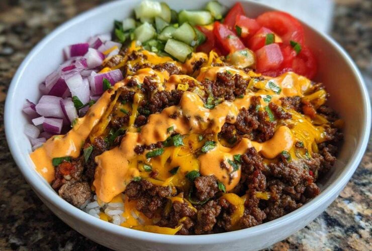 A close-up of a fully loaded cheeseburger bowl featuring seasoned ground beef, melted cheese, special sauce, and fresh toppings.