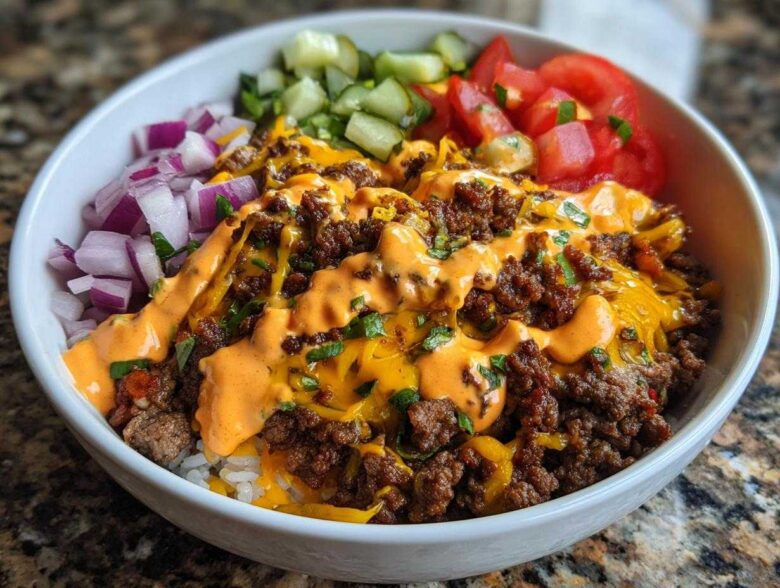 A close-up of a fully loaded cheeseburger bowl featuring seasoned ground beef, melted cheese, special sauce, and fresh toppings.