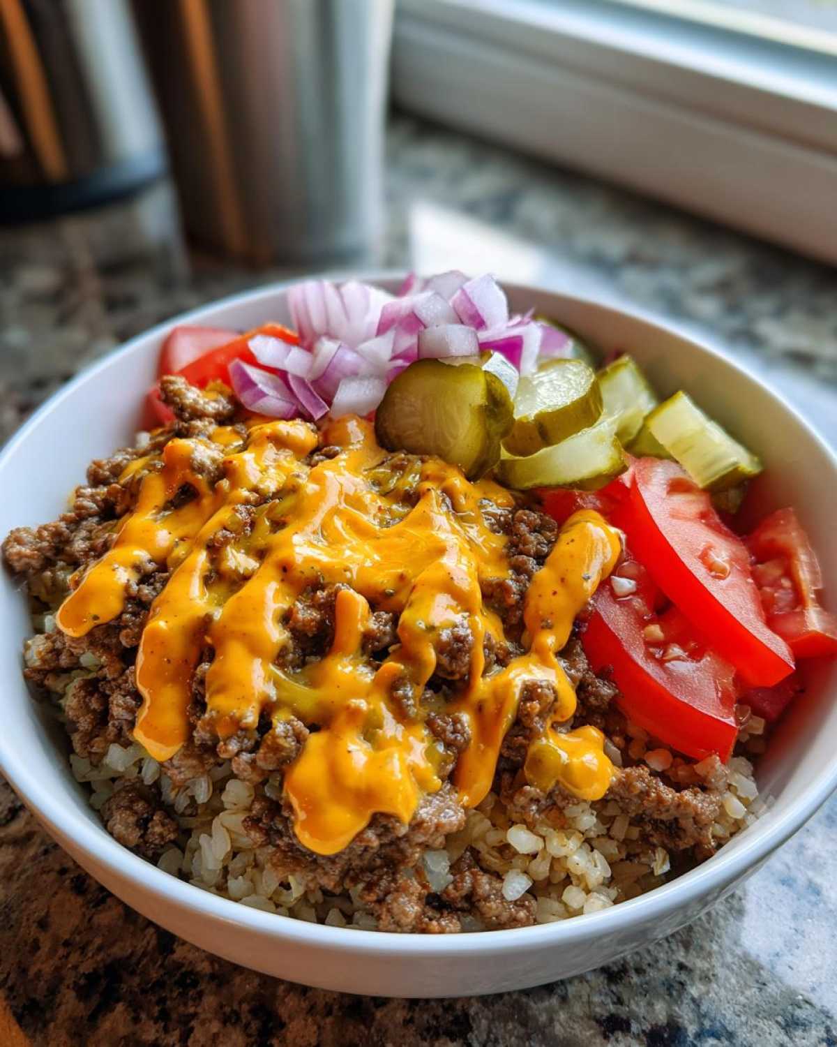 A close-up of a cheeseburger bowl featuring seasoned ground beef, melted cheese sauce, rice, tomatoes, pickles, and red onion.
