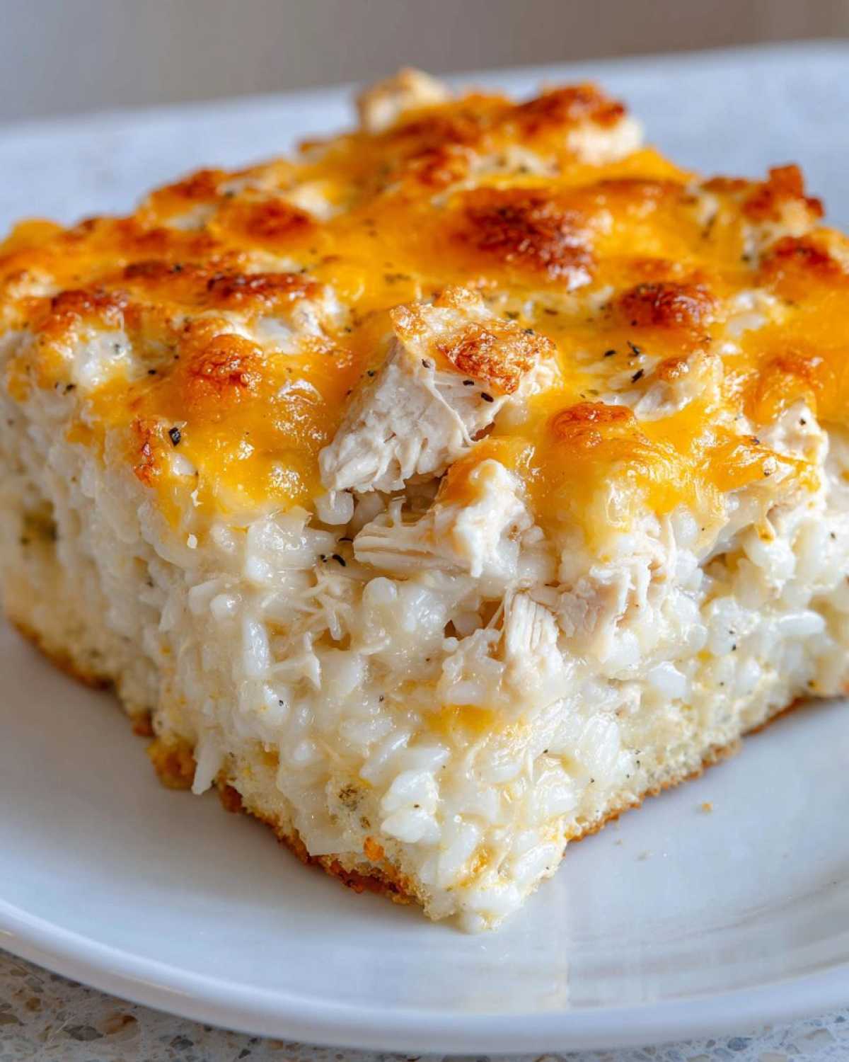 A square serving of creamy, baked cheesy chicken and rice with melted, browned cheddar cheese on top.