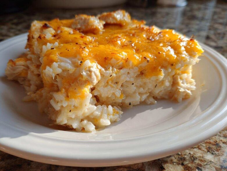 A serving of cheesy chicken and rice casserole topped with melted cheddar cheese on a white plate.