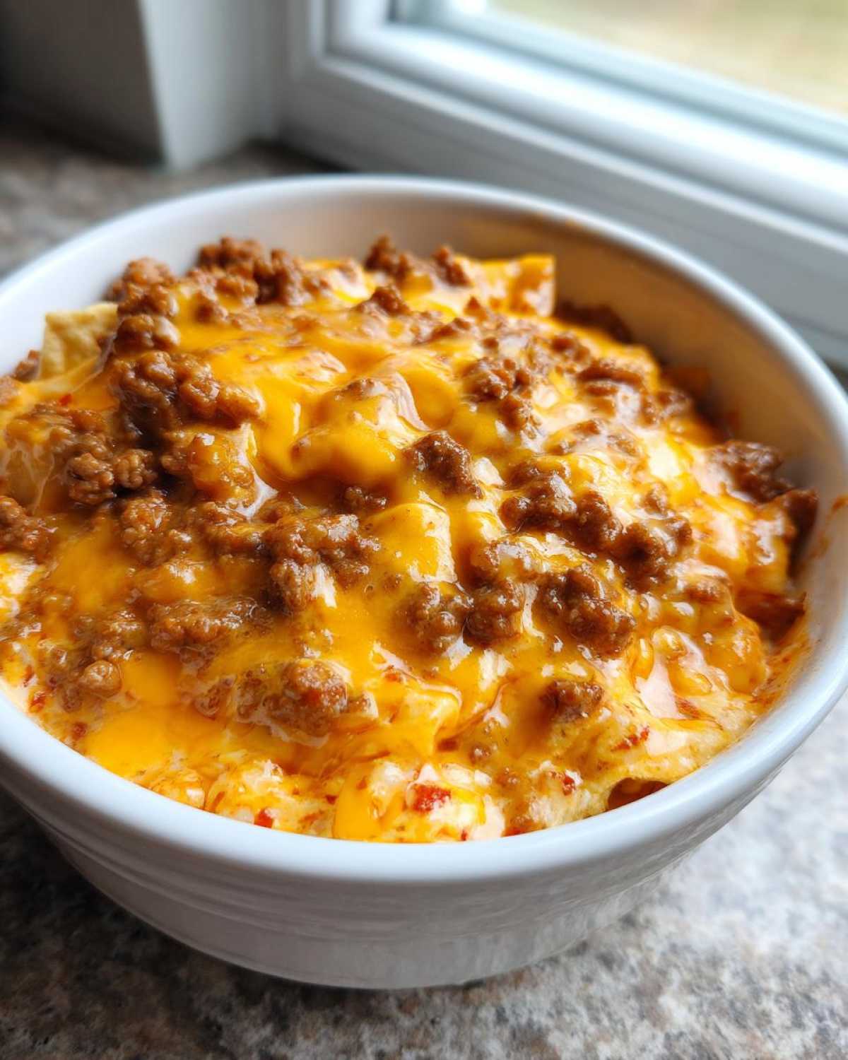 Close-up of a white bowl filled with hot, gooey rotel dip topped with seasoned ground beef and melted cheddar cheese.