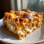 A generous slice of creamy, cheesy pasta bake with a perfectly browned, bubbly top crust.