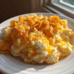 A serving of creamy, cheesy potato casserole topped with melted cheddar and crunchy cornflakes.