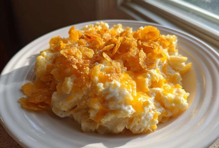 A serving of creamy, cheesy potato casserole topped with melted cheddar and crunchy cornflakes.