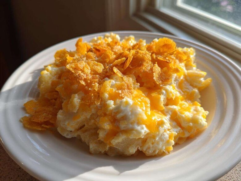 A serving of creamy, cheesy potato casserole topped with melted cheddar and crunchy cornflakes.