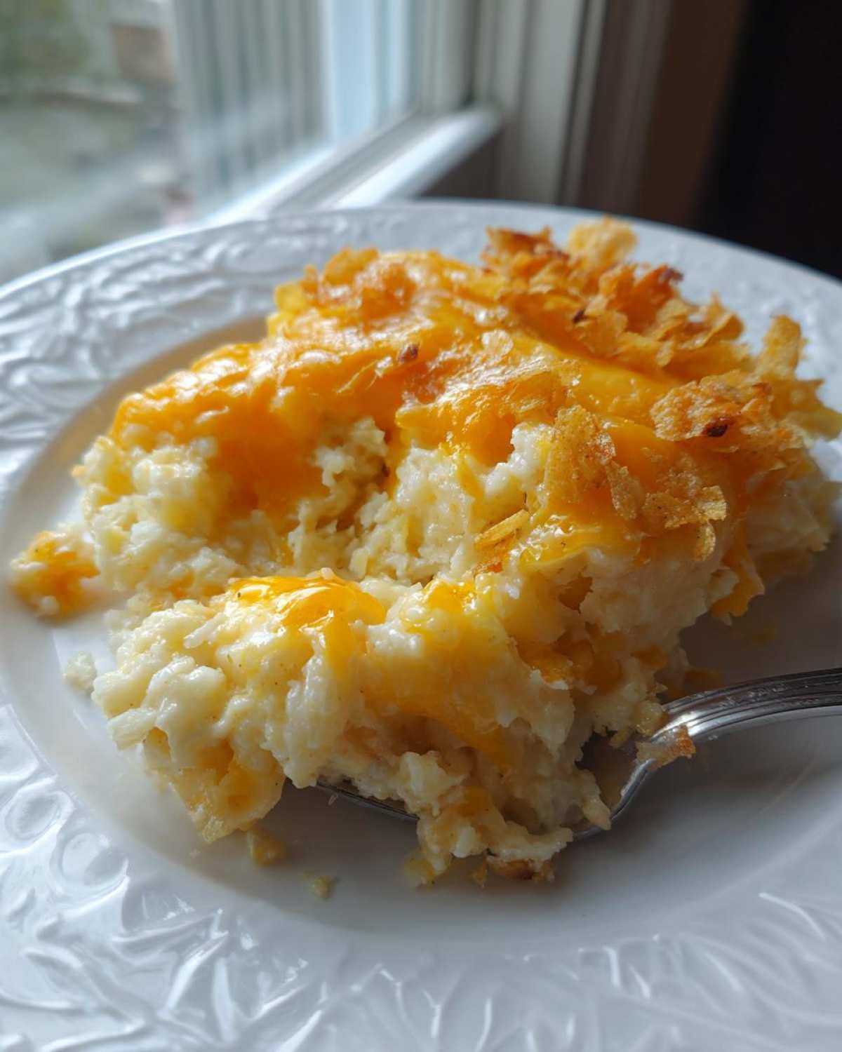A serving of creamy, cheesy potato casserole topped with melted cheddar and crispy flakes on a white plate.