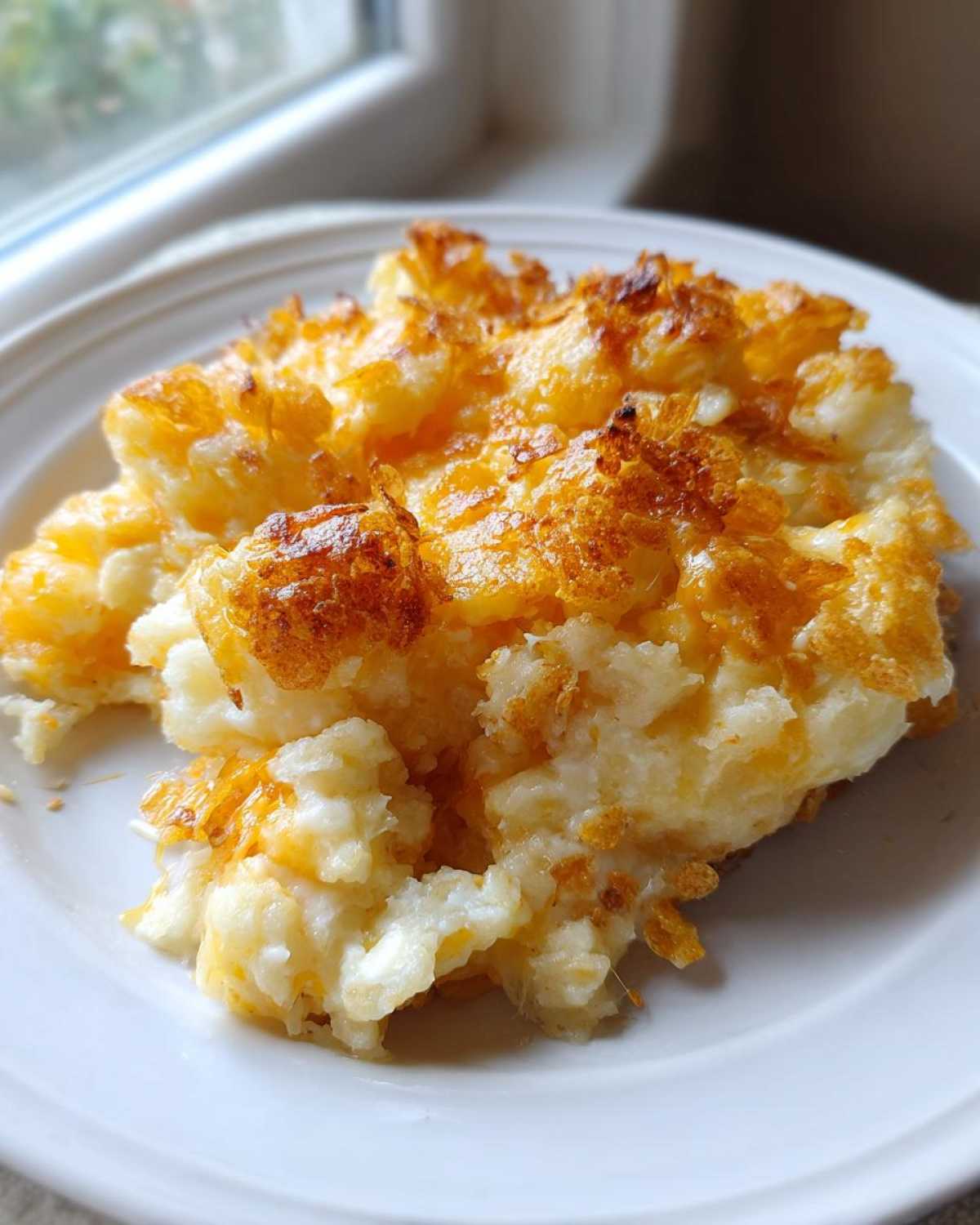 A scoop of creamy, cheesy potato casserole with a golden, crispy baked topping served on a white plate.