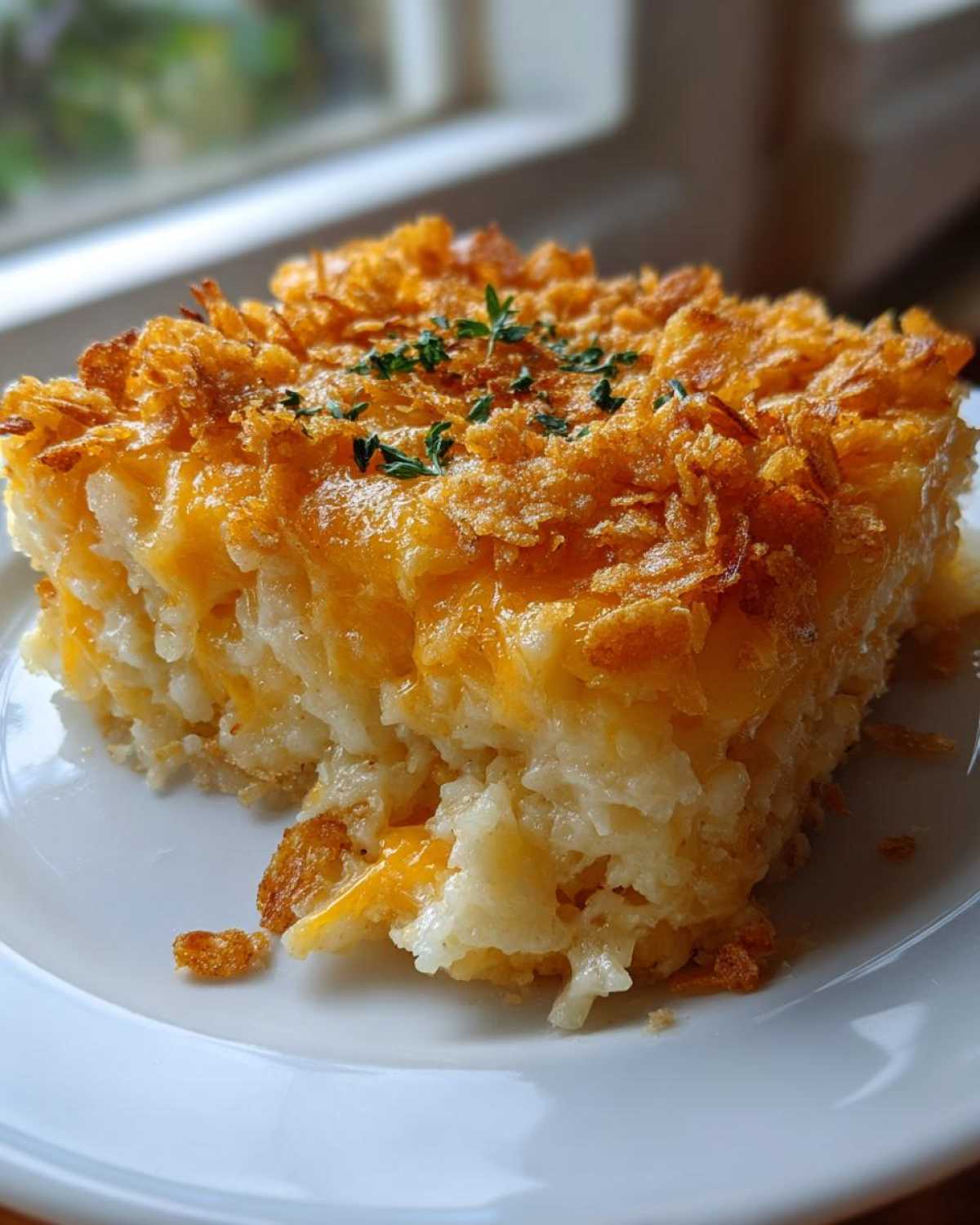 A square serving of cheesy potato casserole topped with melted cheddar and crispy cornflakes, garnished with herbs.