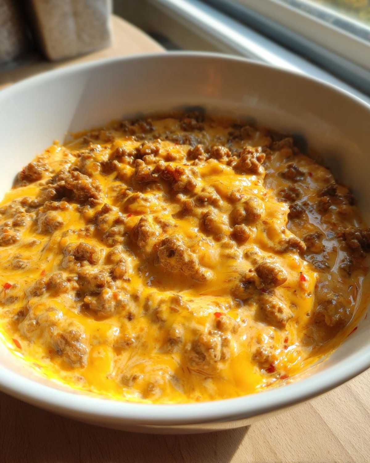A close-up view of hot, melted cheese mixed with ground meat in a white bowl, showcasing the texture of the rotel dip.