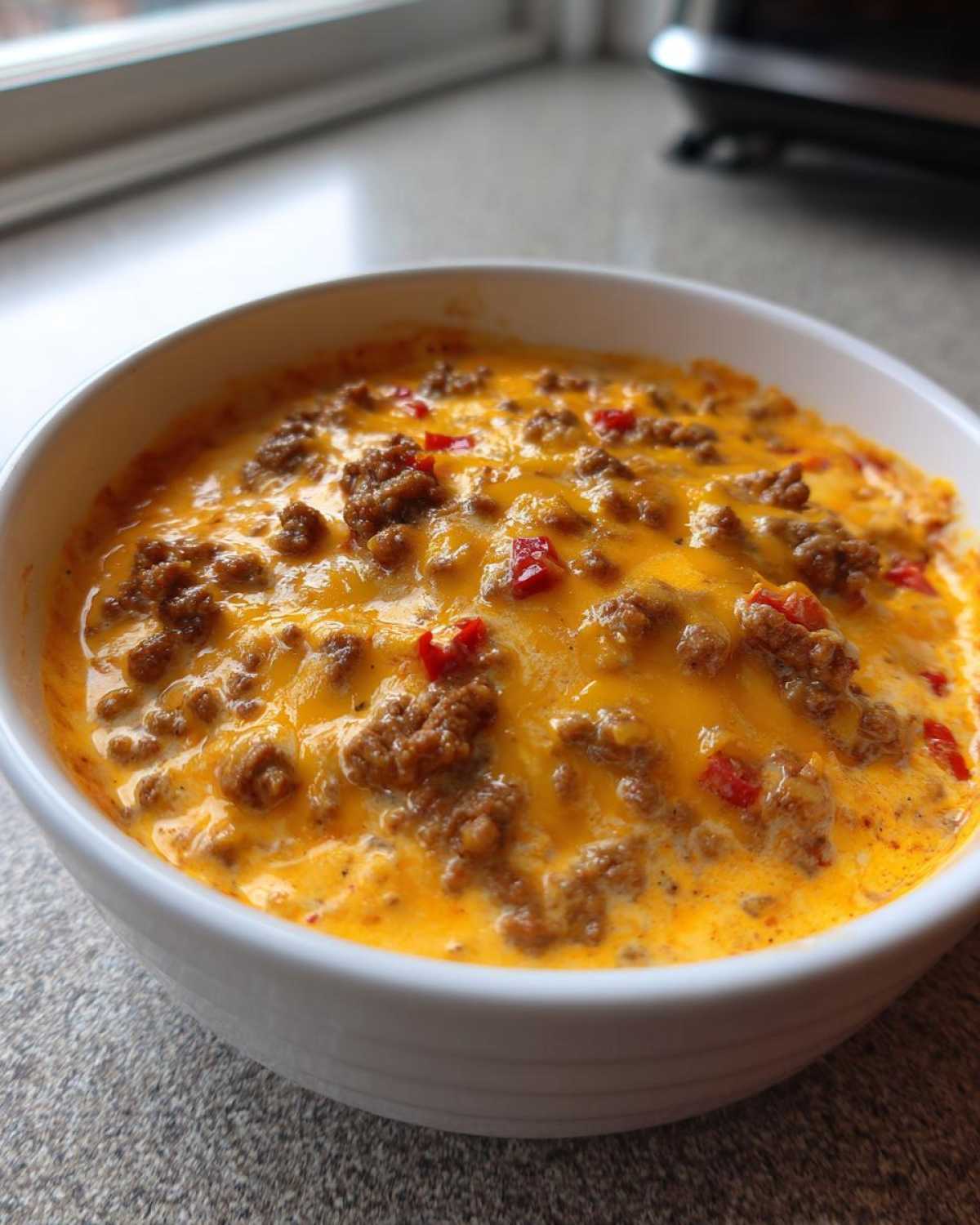 A close-up of a white bowl filled with hot, melted cheese and seasoned ground beef, characteristic of rotel dip.