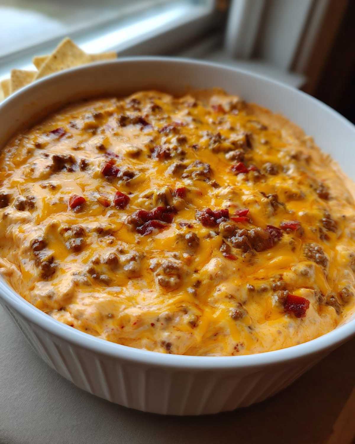 Close-up of hot, cheesy rotel dip topped with ground meat and diced tomatoes in a white baking dish.