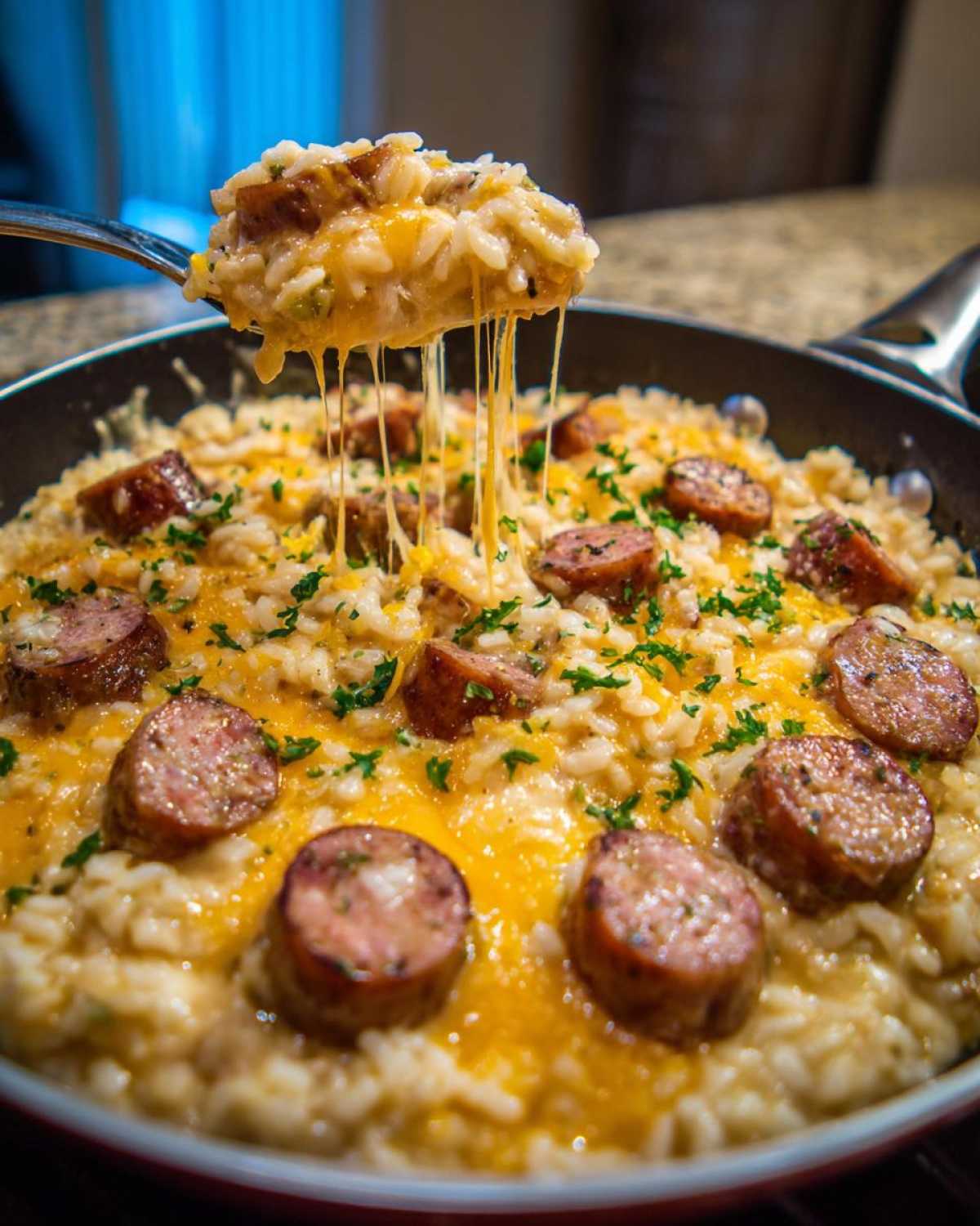 A spoonful of cheesy sausage and rice is lifted from a skillet, showing long cheese strings stretching down to the main dish.