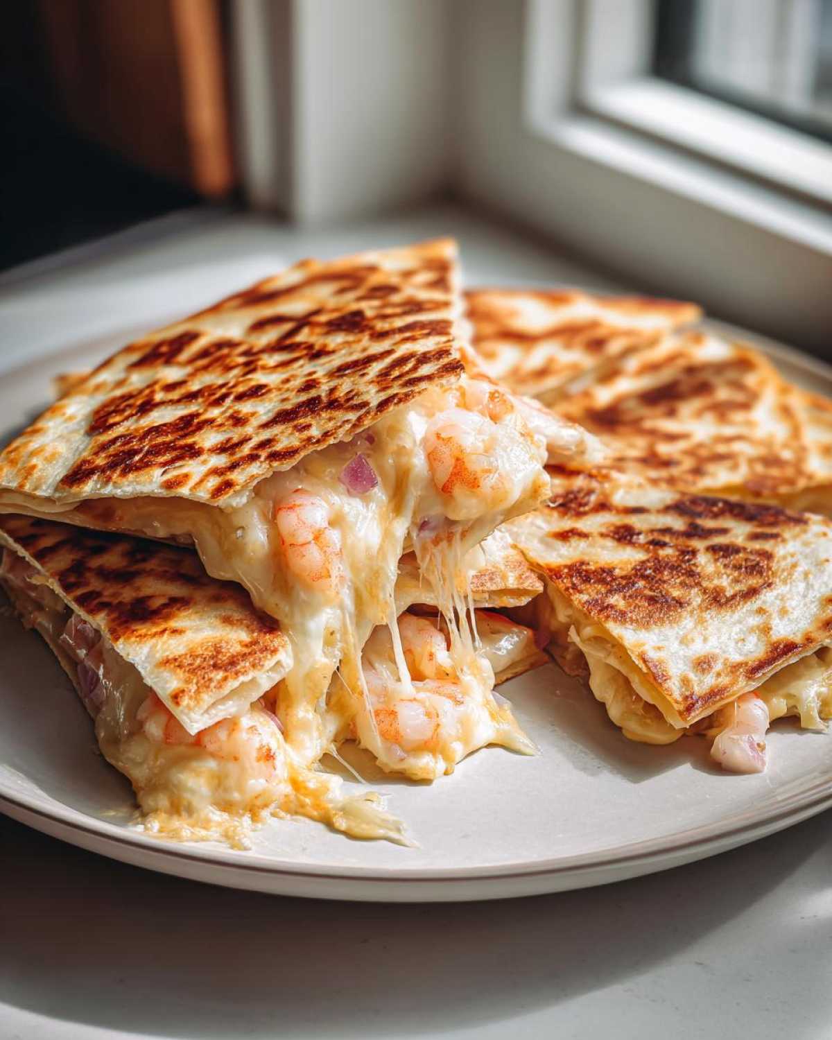 Close-up of a perfectly grilled shrimp quesadilla cut into wedges, showing a dramatic cheese pull with shrimp and red onion inside.