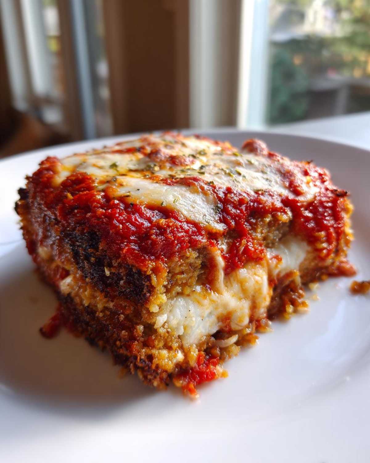 Close-up of a thick, cheesy slice of baked eggplant parmesan topped with rich tomato sauce and herbs.