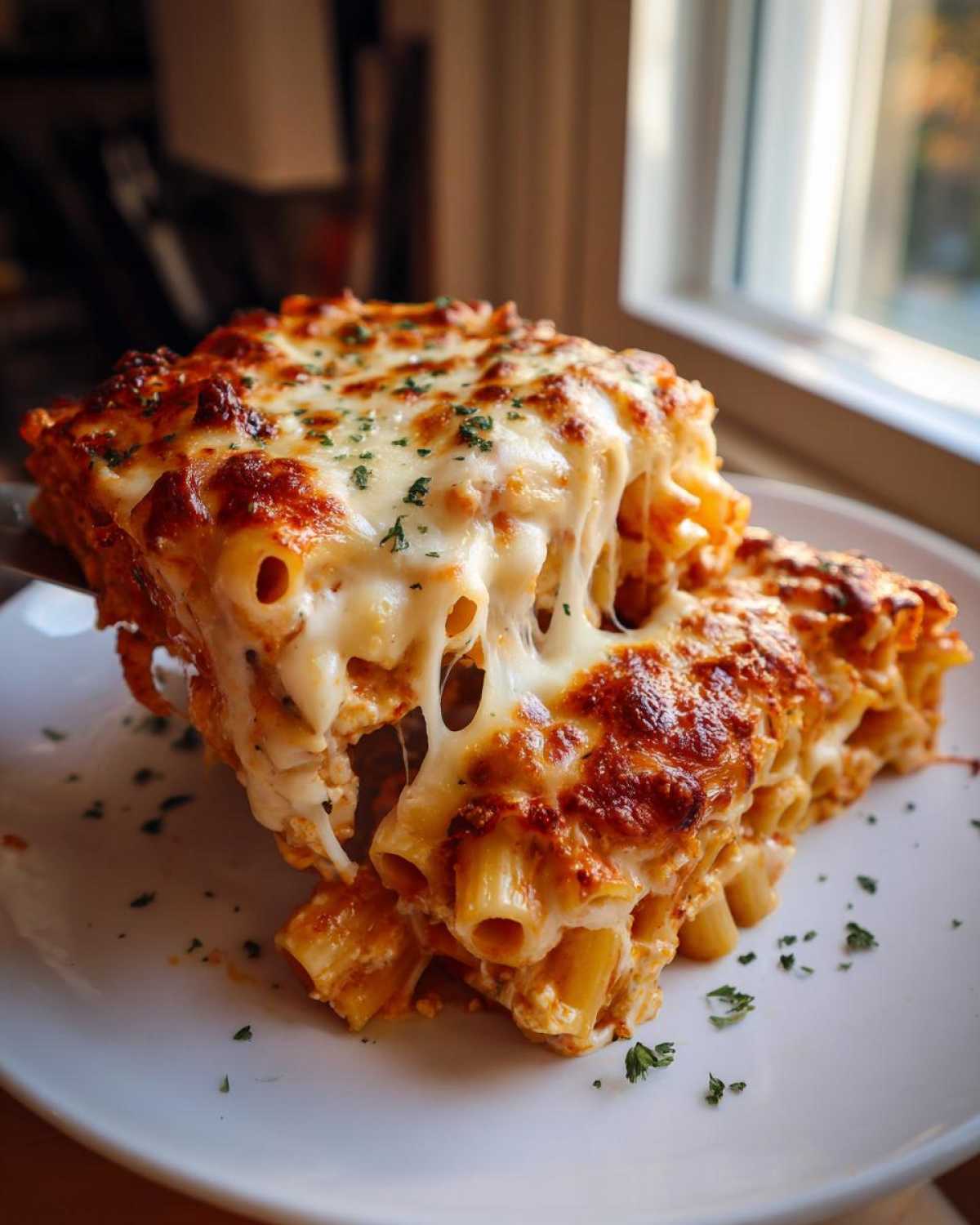 A serving of baked ziti or penne pasta bake being lifted, showing long, dramatic cheese pulls.
