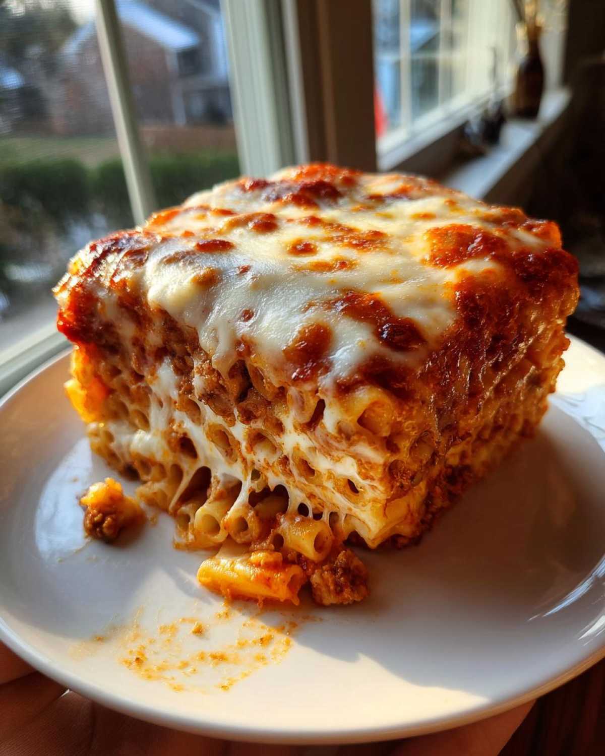 A thick, square slice of baked ziti or pasta bake showing melted, gooey cheese stretching as it's lifted.