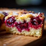 Close-up of a moist slice of cherry dump cake showing bright red cherries embedded in a yellow cake base.