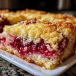 Close-up of a moist slice of cherry dump cake showing the bright red cherry filling and crumbly topping.