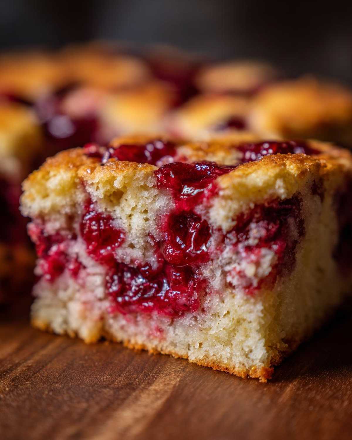 Close-up of a moist slice of cherry dump cake showing bright red filling baked into the light yellow cake base.
