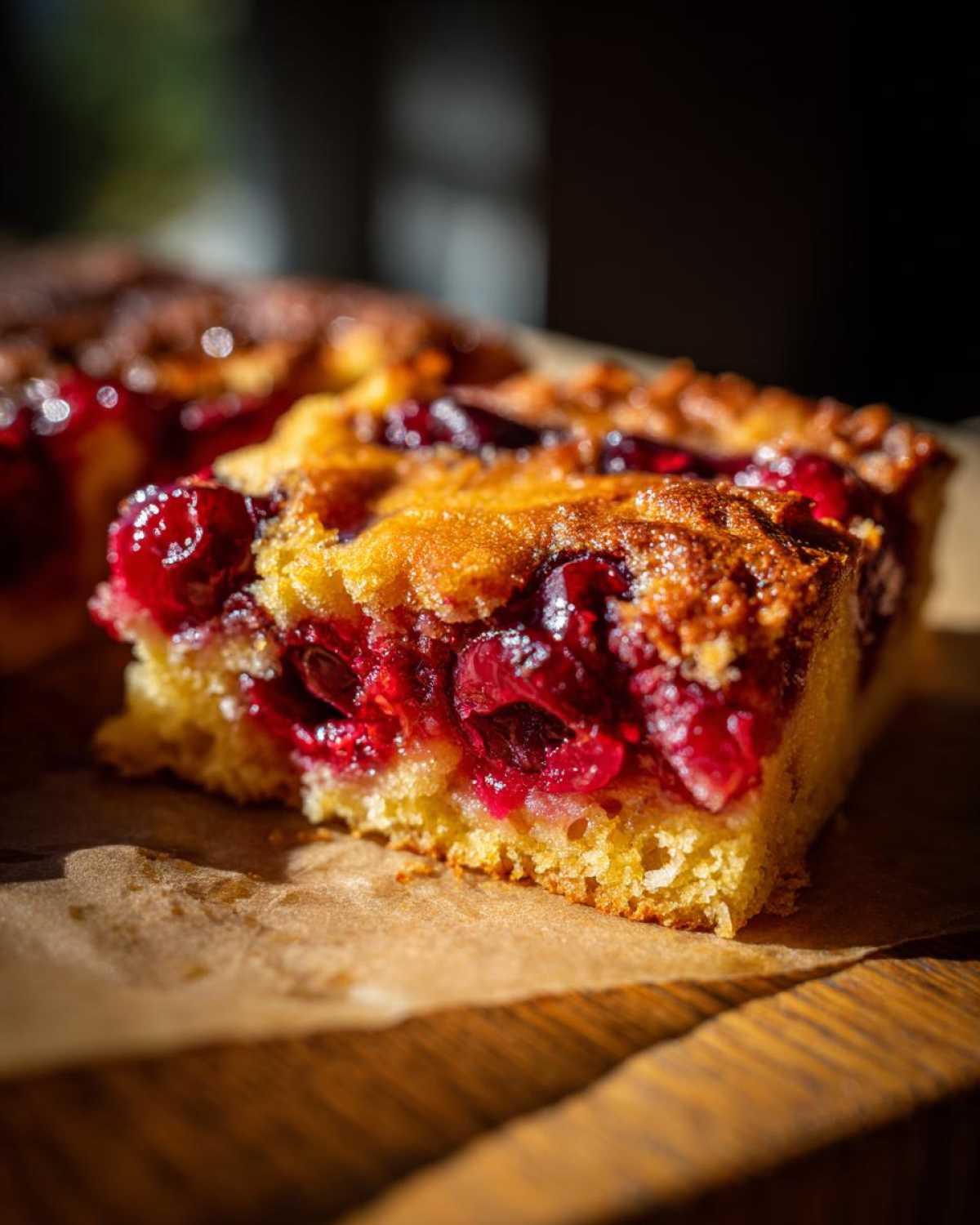 A close-up, dramatic shot of a slice of cherry dump cake showing bright red cherries baked into a golden, moist cake base.