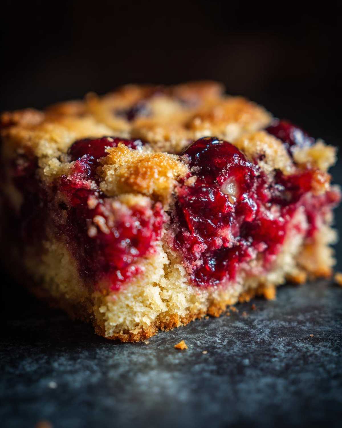 A close-up, dramatic shot of a single serving of cherry dump cake showing the moist, bright red cherry filling and crumbly topping.