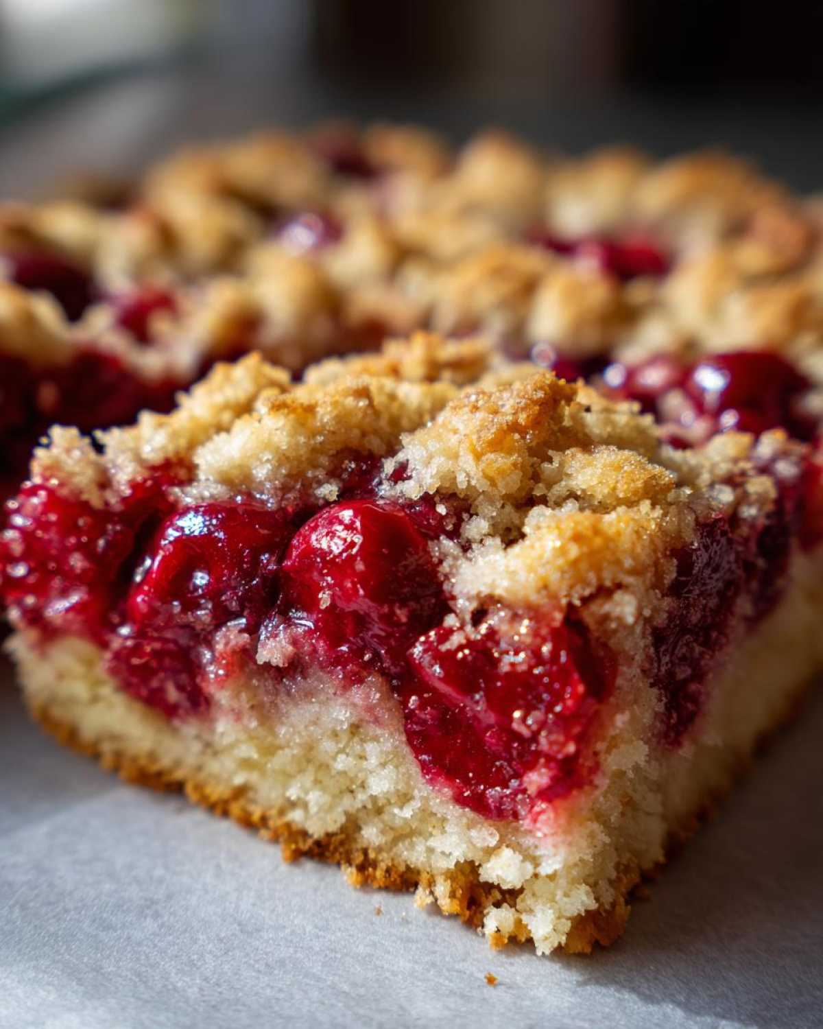 A close-up, macro shot of a moist slice of cherry dump cake showing the bright red cherry filling and crumbly topping.
