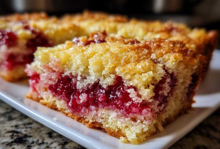 Close-up of a moist slice of cherry dump cake showing the bright red cherry filling and crumbly topping.