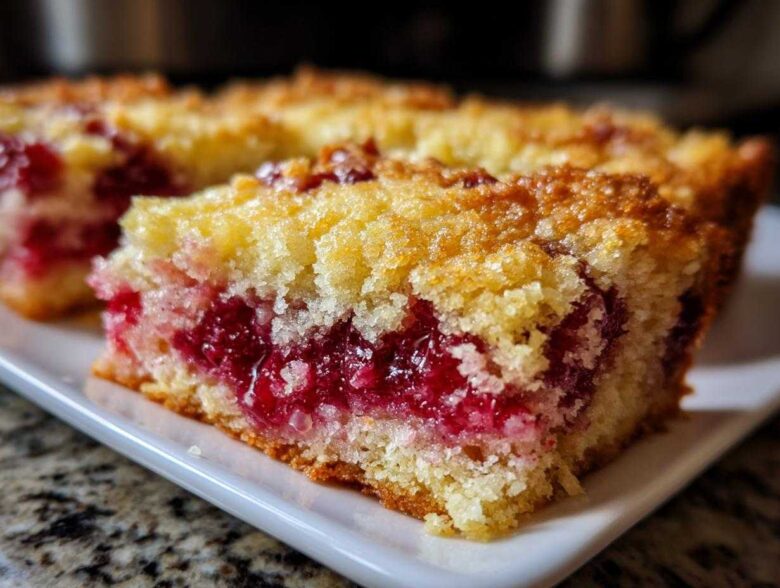 Close-up of a moist slice of cherry dump cake showing the bright red cherry filling and crumbly topping.
