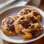 Three perfectly baked, chewy chocolate chip cookies topped with large, melted chocolate chunks and sea salt flakes.