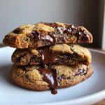 Three stacked, broken chewy chocolate chip cookies showing gooey, melted chocolate oozing out.