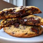 Stack of three chewy chocolate chip cookies, cut in half to show gooey, melted chocolate centers.