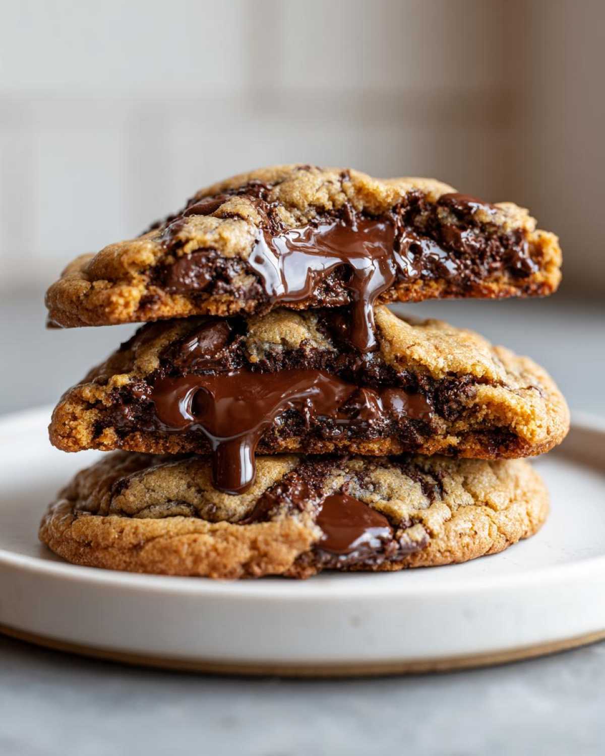 Three halves of chewy chocolate chip cookies stacked, showing gooey, melted chocolate dripping between the layers.