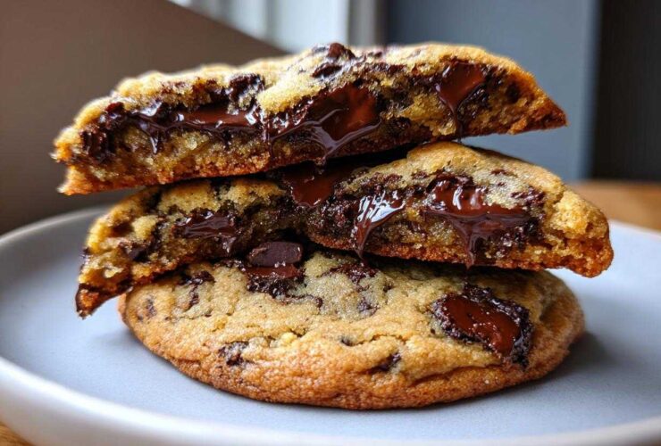 Stack of three chewy chocolate chip cookies, cut in half to show gooey, melted chocolate centers.