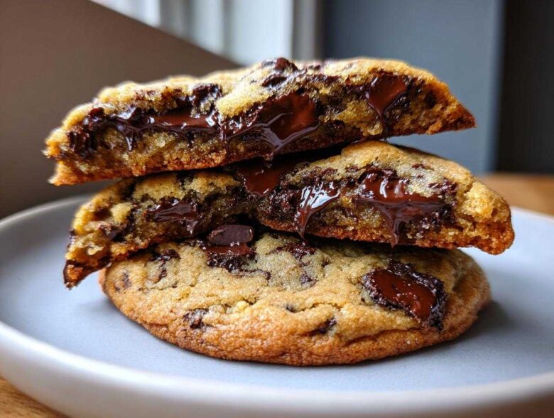 Stack of three chewy chocolate chip cookies, cut in half to show gooey, melted chocolate centers.