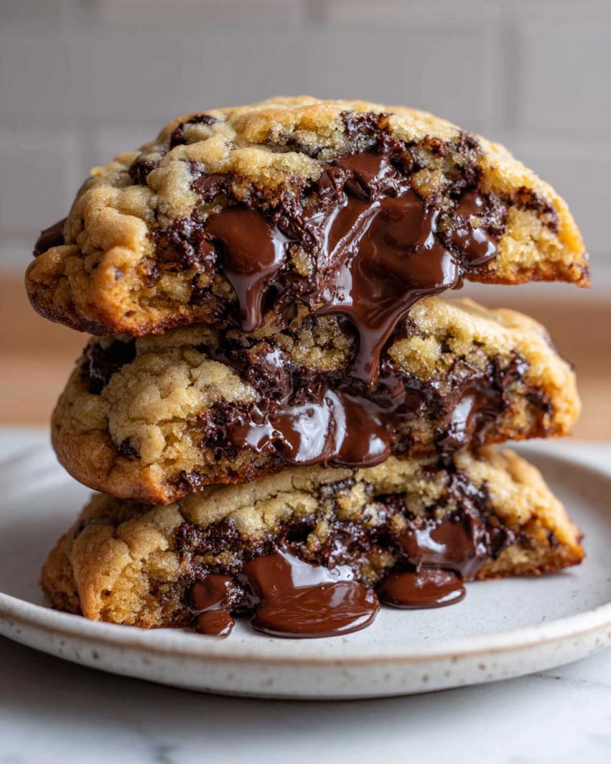 Close-up of three chewy chocolate chip cookies stacked, showing gooey, melted chocolate oozing out.