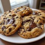 A stack of five freshly baked, chewy chocolate chip cookies piled high on a white plate.