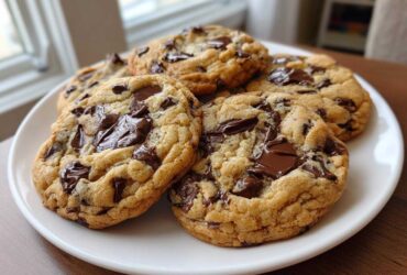 A stack of five freshly baked, chewy chocolate chip cookies piled high on a white plate.
