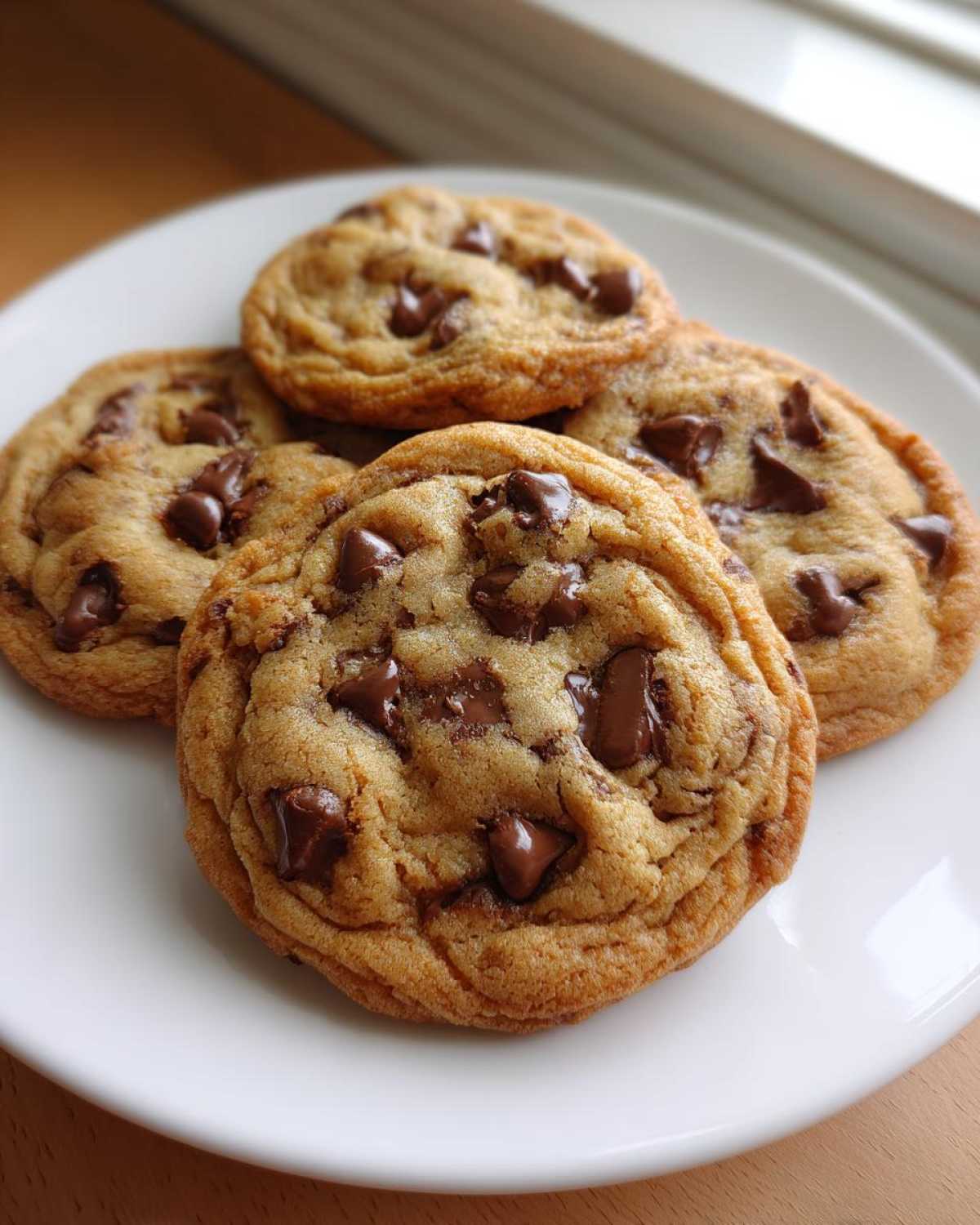 Close-up of four golden brown, chewy chocolate chip cookies piled on a white plate near a window.