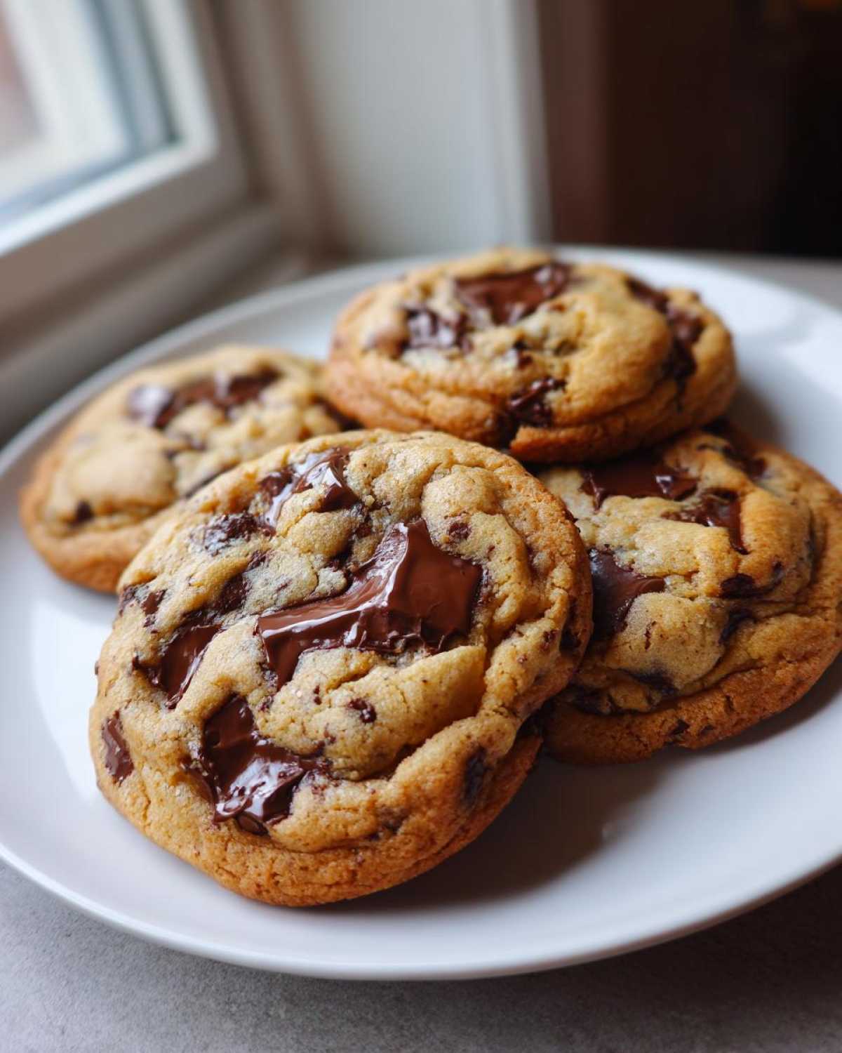 Four perfectly baked, chewy chocolate chip cookies piled on a white plate with glossy, melted chocolate chunks.